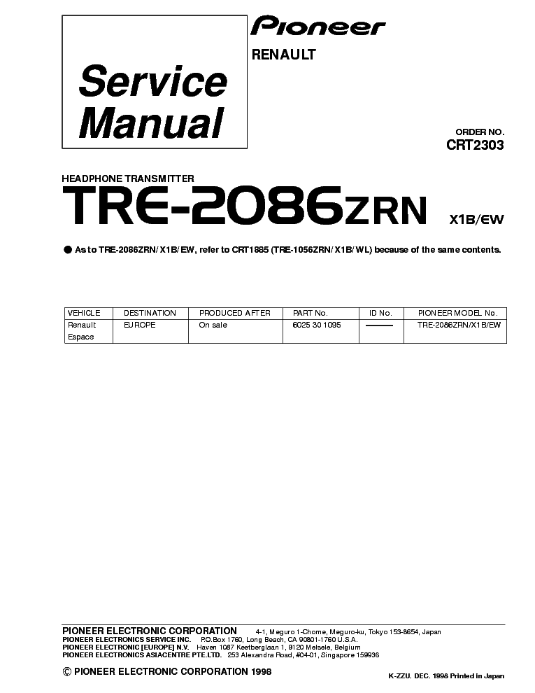 PIONEER RENAULT TRE-2086ZRN PARTS service manual (1st page)