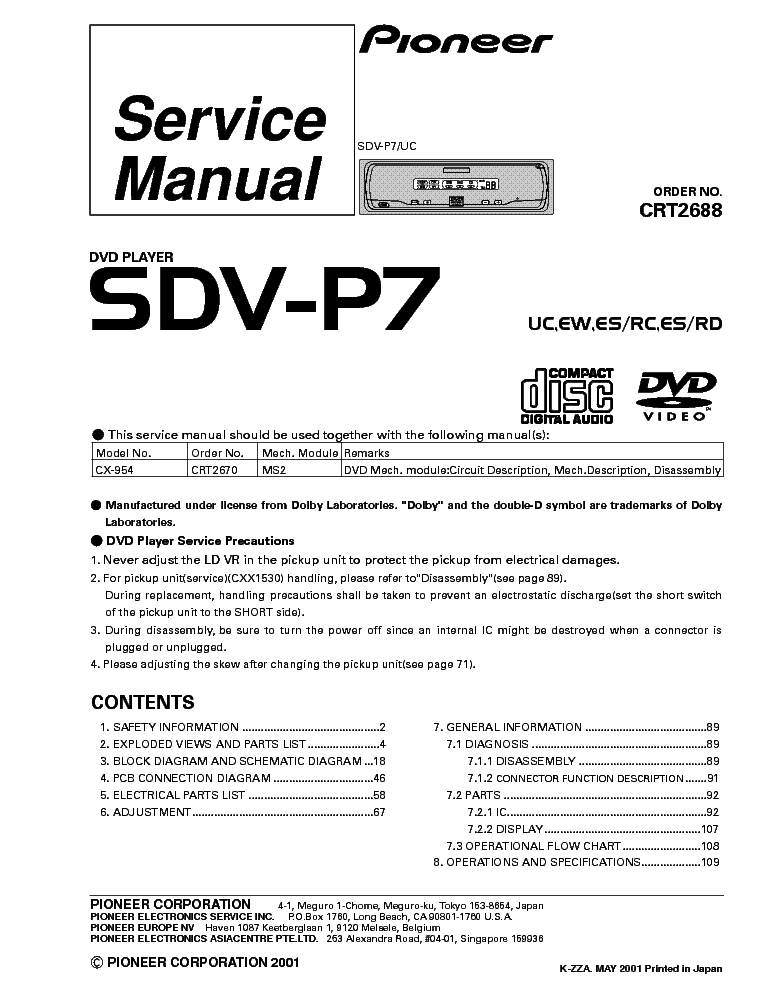 PIONEER SDV-P7 service manual (1st page)