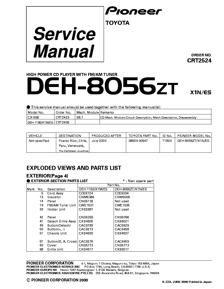 PIONEER TOYOTA DEH-8056-CRT2524 service manual (1st page)