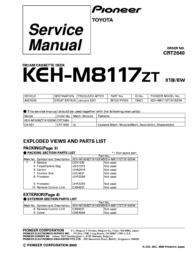 PIONEER TOYOTA KEH-M8117ZT-CRT2640 service manual (1st page)