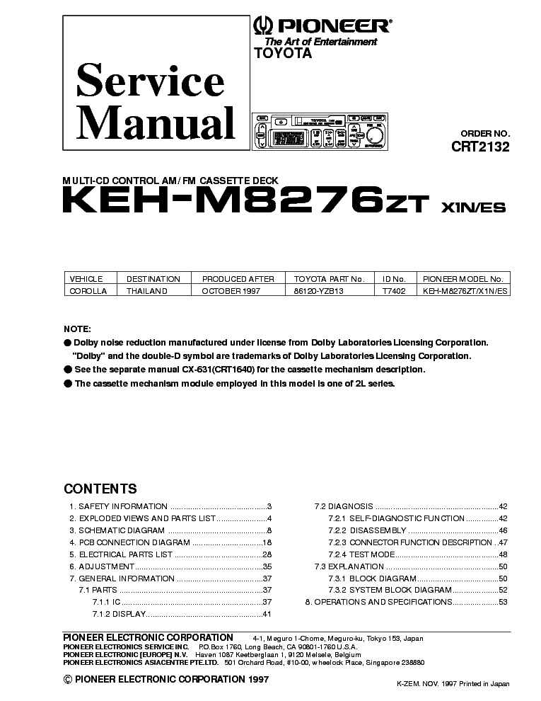 PIONEER TOYOTA KEH-M8276-CRT2132 service manual (1st page)