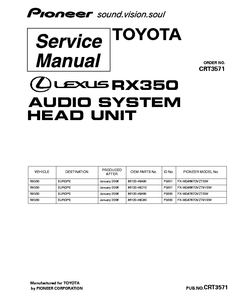 PIONEER TOYOTA LEXUS RX350 FX-MG8667 MG8767 CRT3571 SM service manual (1st page)