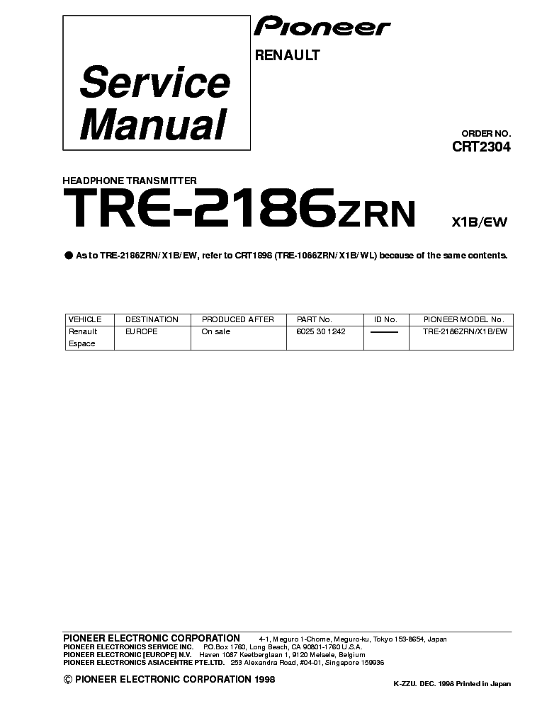 PIONEER TRE-2186ZRN service manual (1st page)