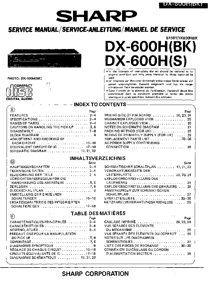SHARP DX600H-BK-S SM GB-DE-FR service manual
