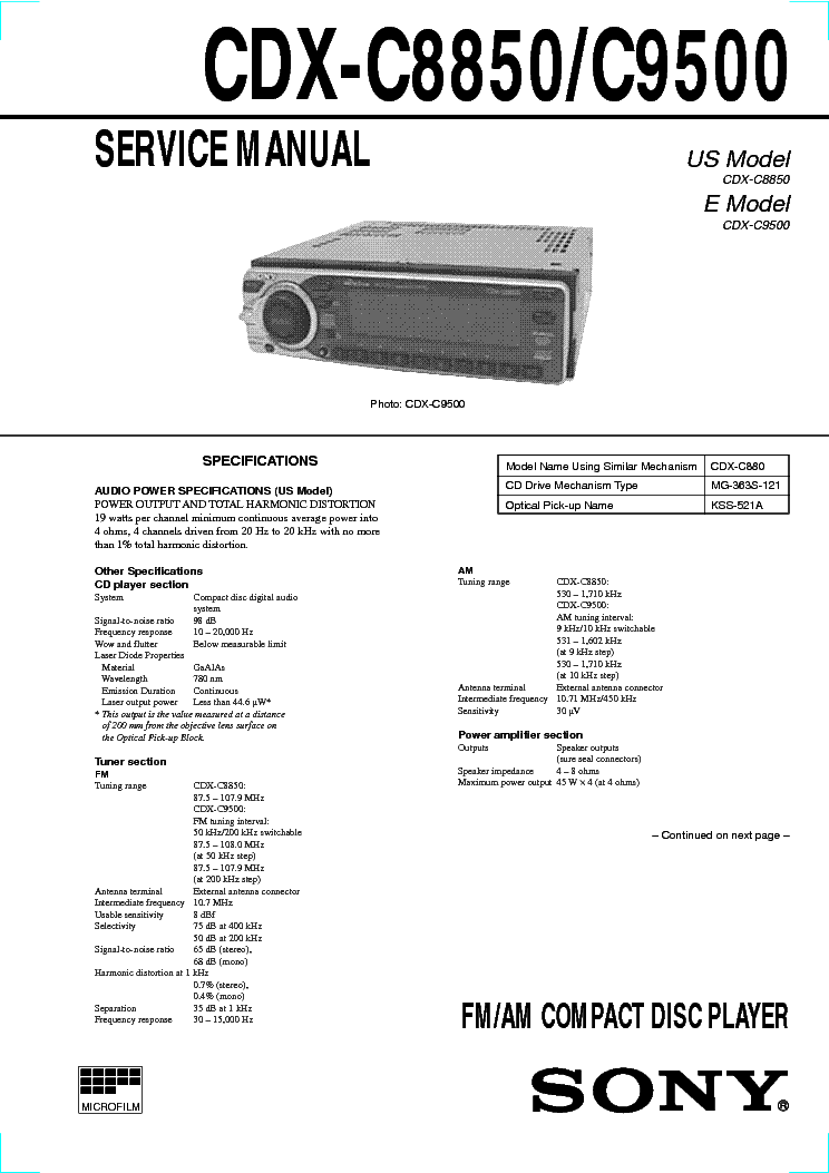 SONY CDX-C8850 C9500 SM 2 service manual (1st page)