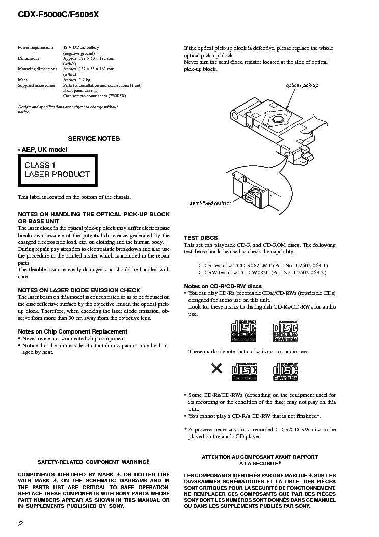 SONY CDX-F5000C 5005X Service Manual download, schematics, eeprom ...