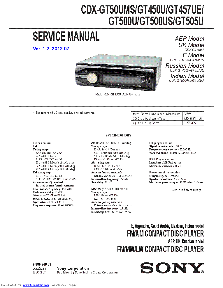 SONY CDX-GT50UMS CDX-GT450U CDX-GT457UE CDX-GT500U CDX-GT505U service manual (1st page)