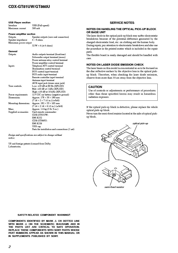 SONY CDX-GT81UW GT860U VER-1.1 SM Service Manual download, schematics ...