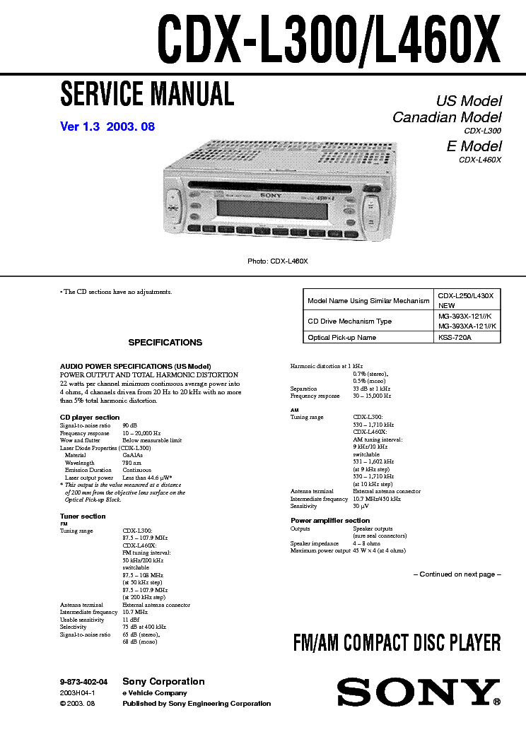 SONY CDX-L300 460X service manual (1st page)