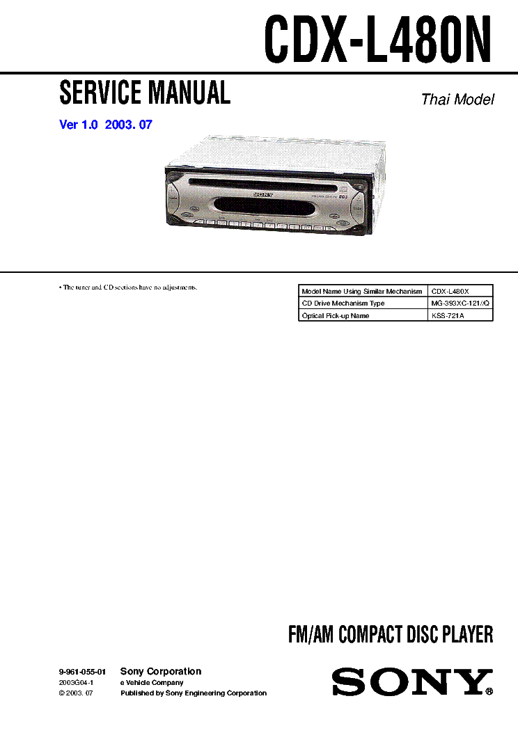 SONY CDX-L480N VER.1.0 service manual