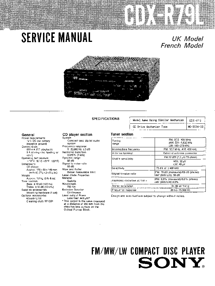 SONY CDX-R79L service manual