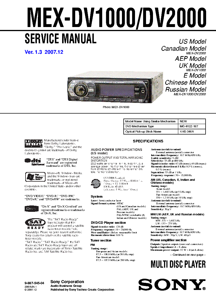 SONY MEX-DV1000 DV2000 VER.1.3 service manual (1st page)