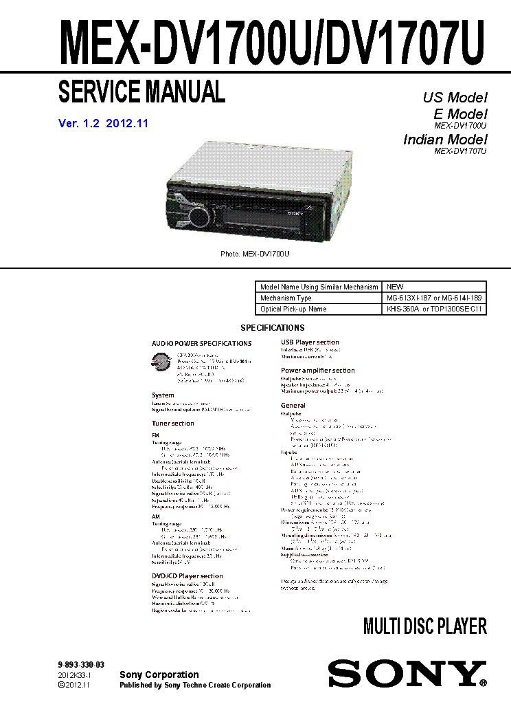 SONY MEX-DV1700U MEX-DV1707U VER.1.2 SM Service Manual download