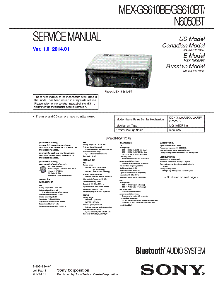 SONY MEX-GS610BE BT MEX-N6050BT VER1.0 service manual (1st page)