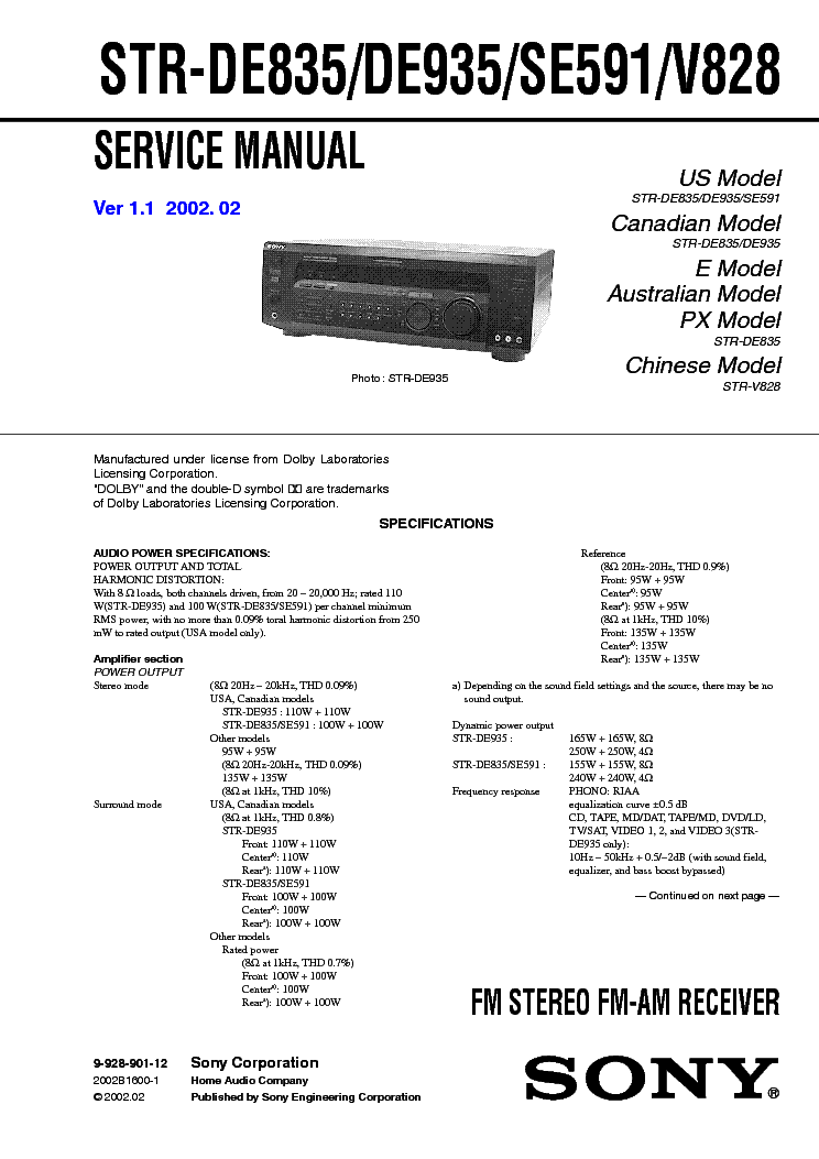 SONY STR-DE835 DE935 SE591 V828 VER-1.1 SM service manual