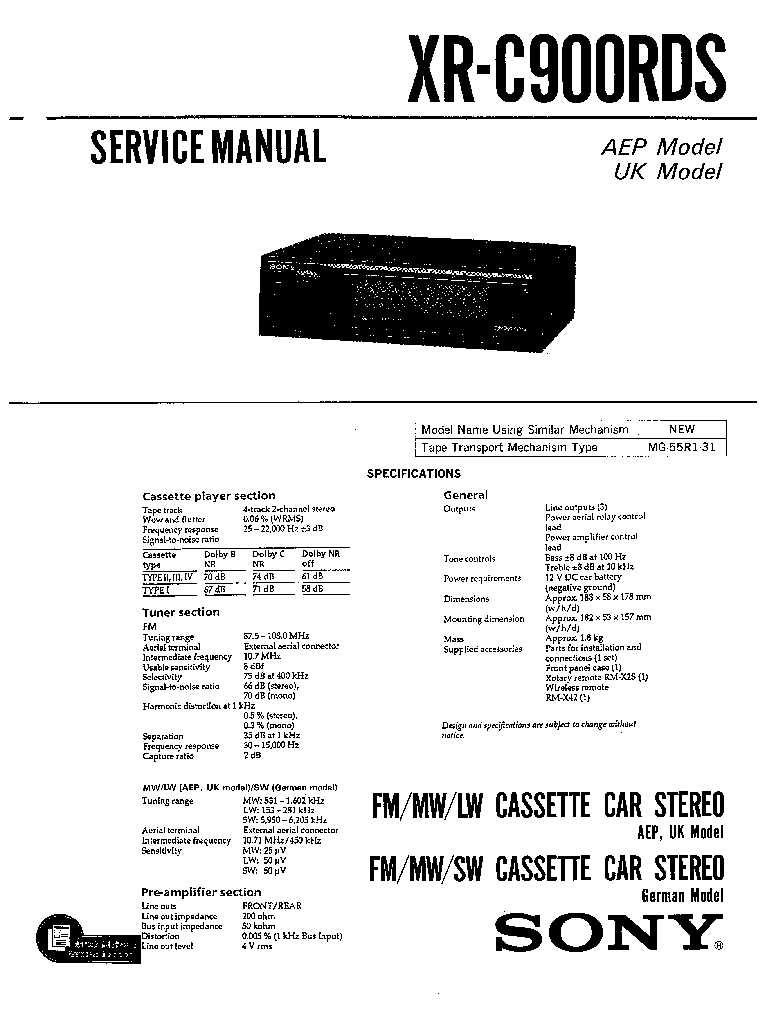 SONY XR-C900RDS SM service manual (1st page)