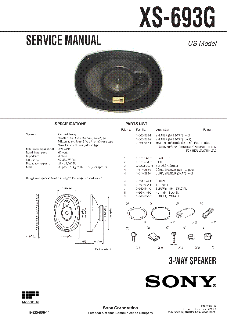 SONY XS-693G 3-WAY SPEAKER service manual