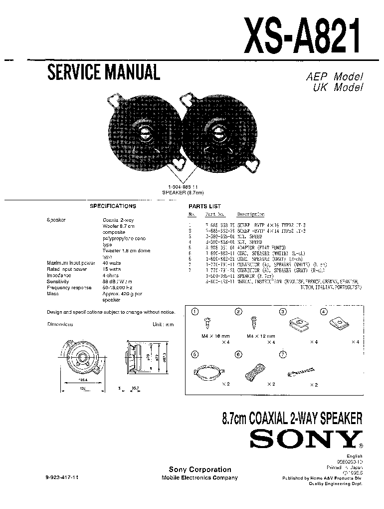 SONY XS-A821 COAXIAL 2-WAY SPEAKER service manual