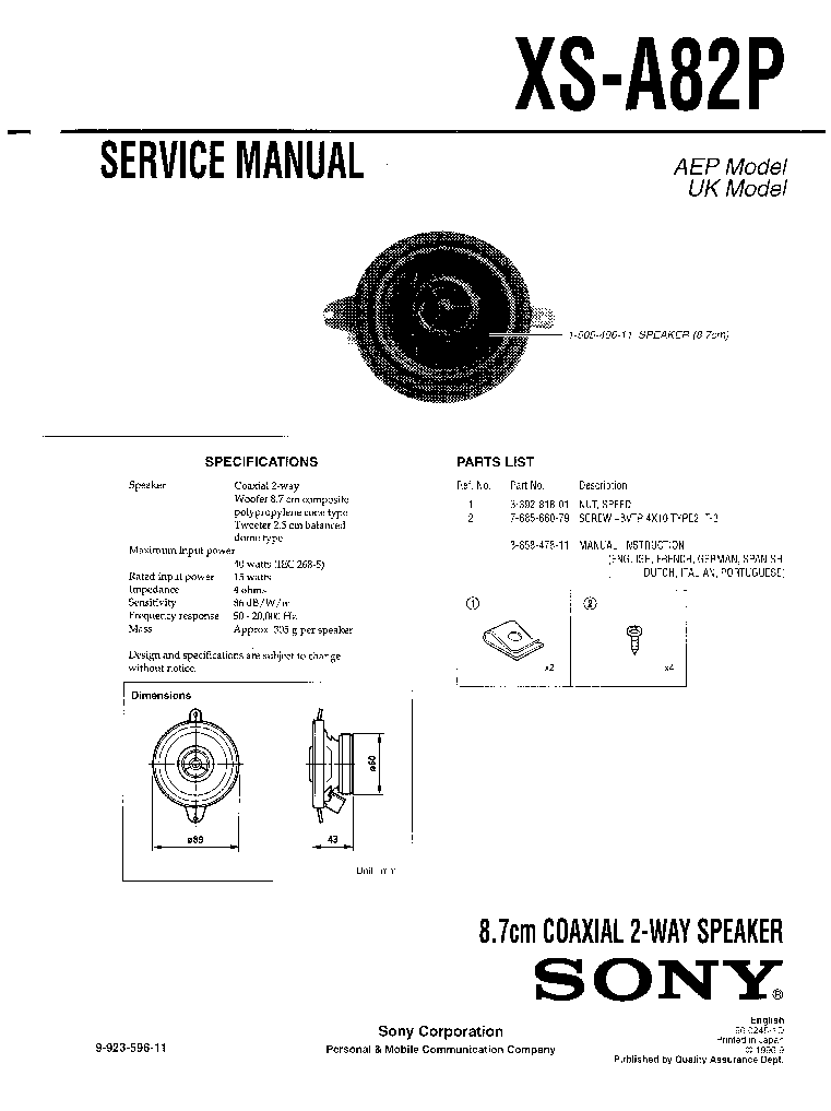SONY XS-A82P COAXIAL 2-WAY SPEAKER service manual