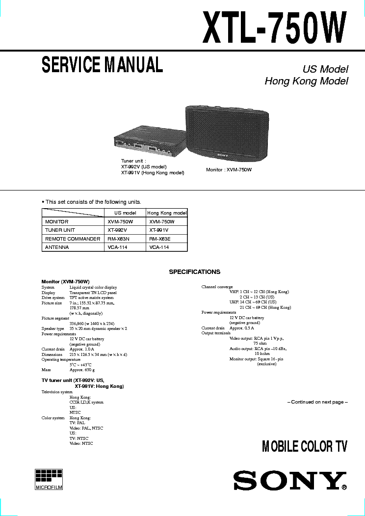 SONY XTL-750W service manual