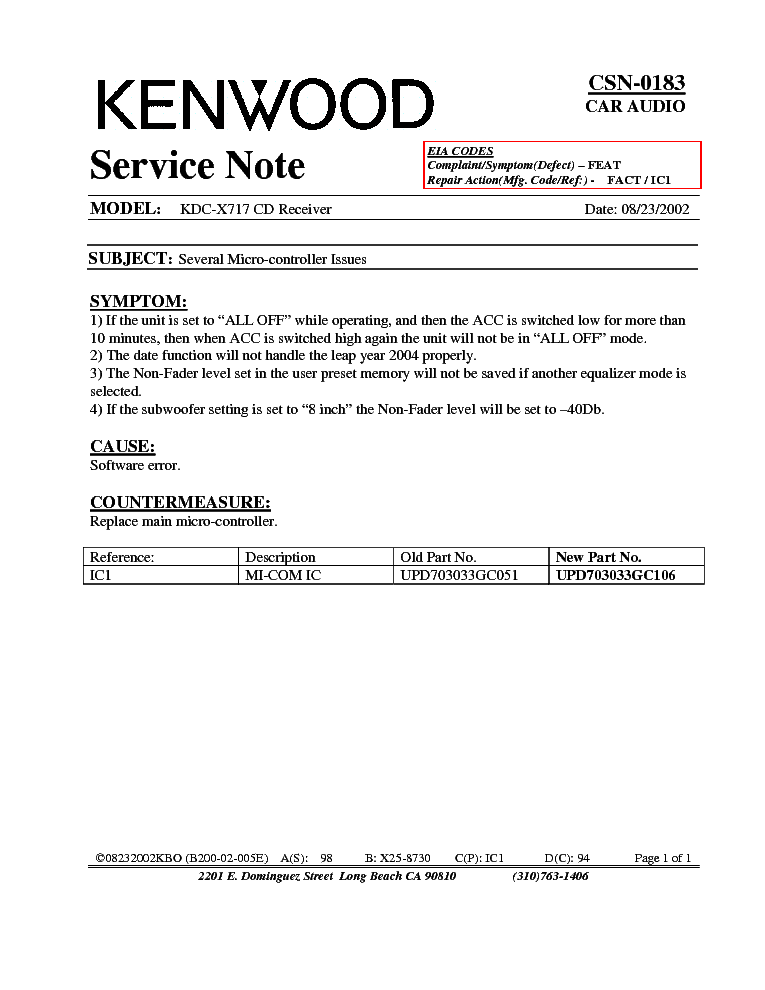 KENWOOD KDC-X717 CSN-0183 INFO service manual