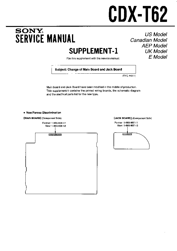 SONY CDXT62 SUPPLEMENT1 Service Manual download, schematics, eeprom