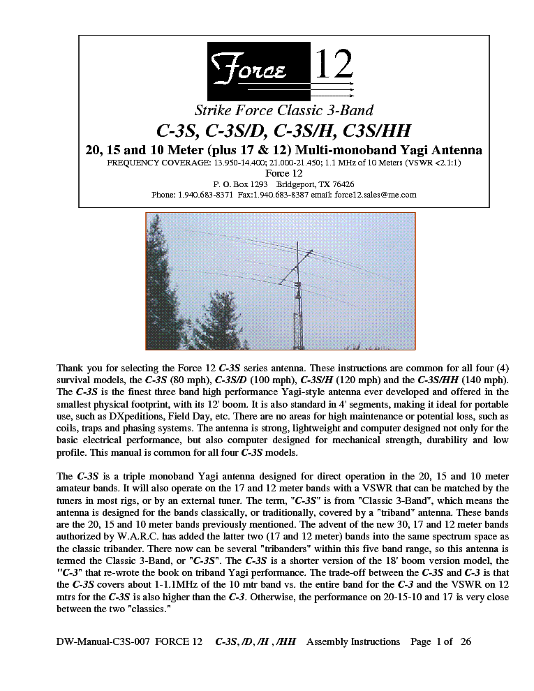 FORCE-12 C3 S H HH 10 15 20 METER MULTI-MONOBAND YAGI ANTENNA SM service manual (1st page)