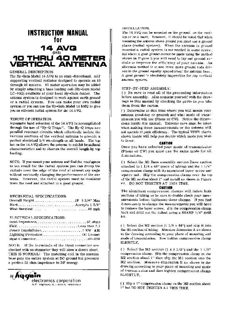 HY-GAIN 14AVQVERTICAL  ANTENNA service manual