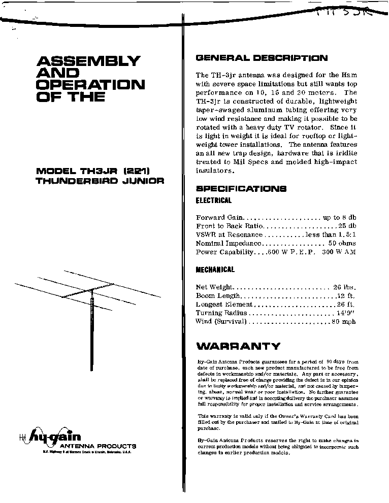 HY-GAIN TH3JR 221 THUNDERBIRD TRIBANDER ANTENNA service manual
