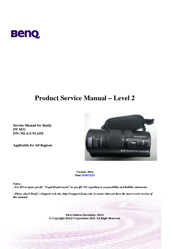 BENQ DV-M31 VER.001A LEVEL2 MOVIE CAMERA service manual (1st page)