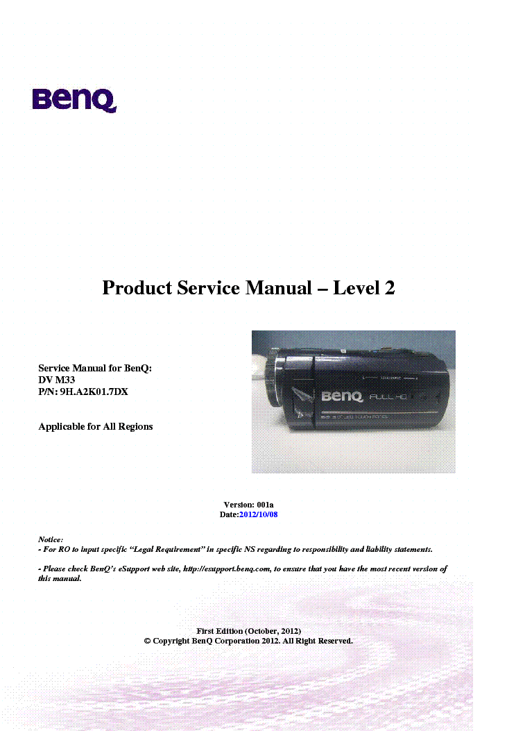 BENQ DV-M33 VER.001A LEVEL2 MOVIE CAMERA service manual