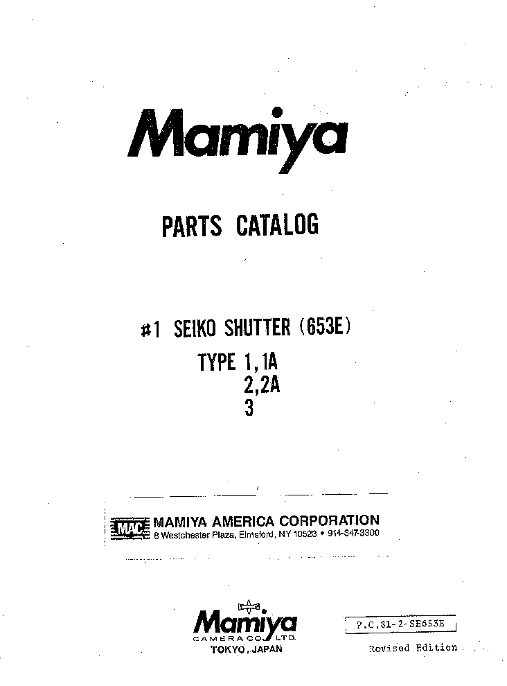MAMIYA RB67 SEIKO SHUTTER 653E 1,1A 2,2A 3 LENSES PARTS CATALOG SERVICE MANUAL service manual (1st page)