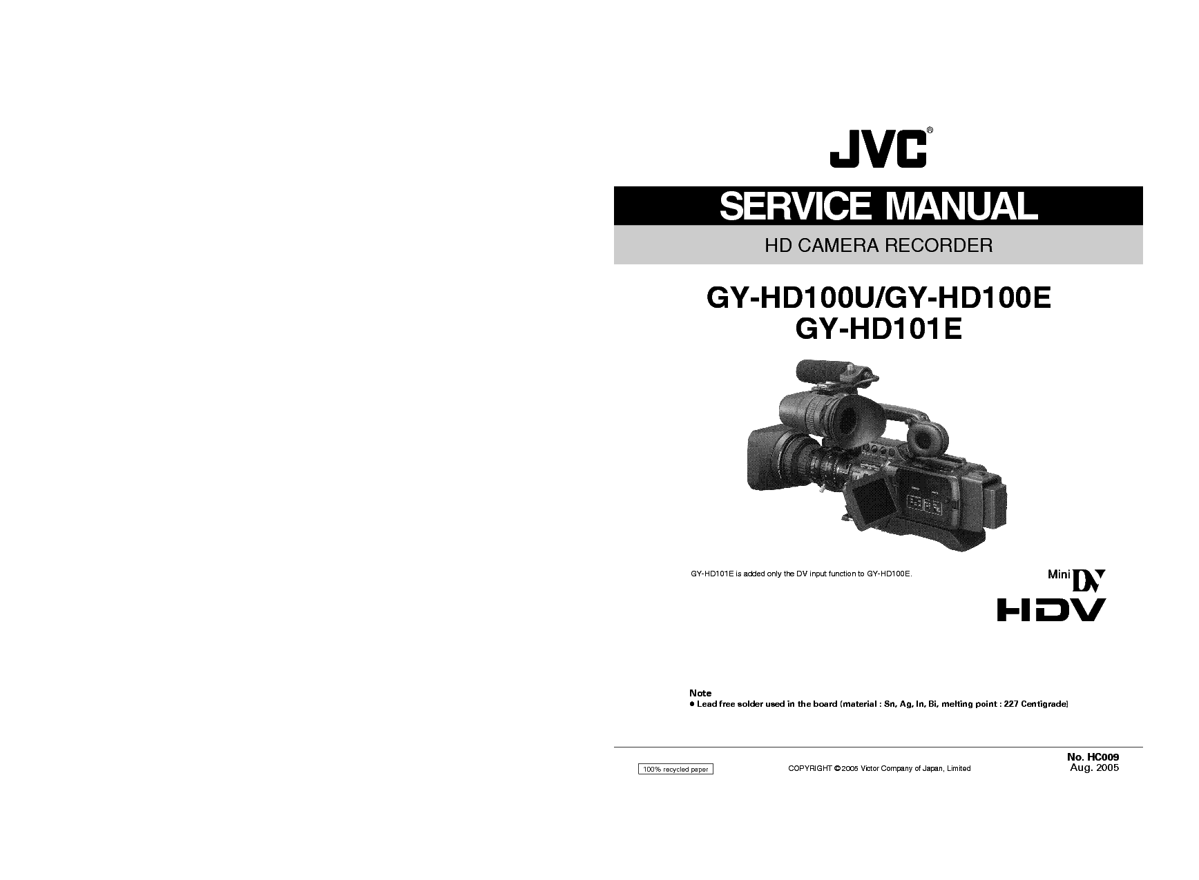 JVC GY-HD100 HD101 E-U SM Service Manual download, schematics