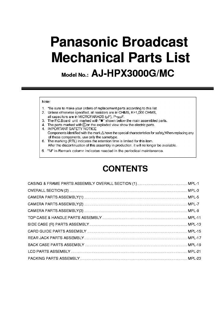 PANASONIC AJ-HPX3000G MECH PL service manual