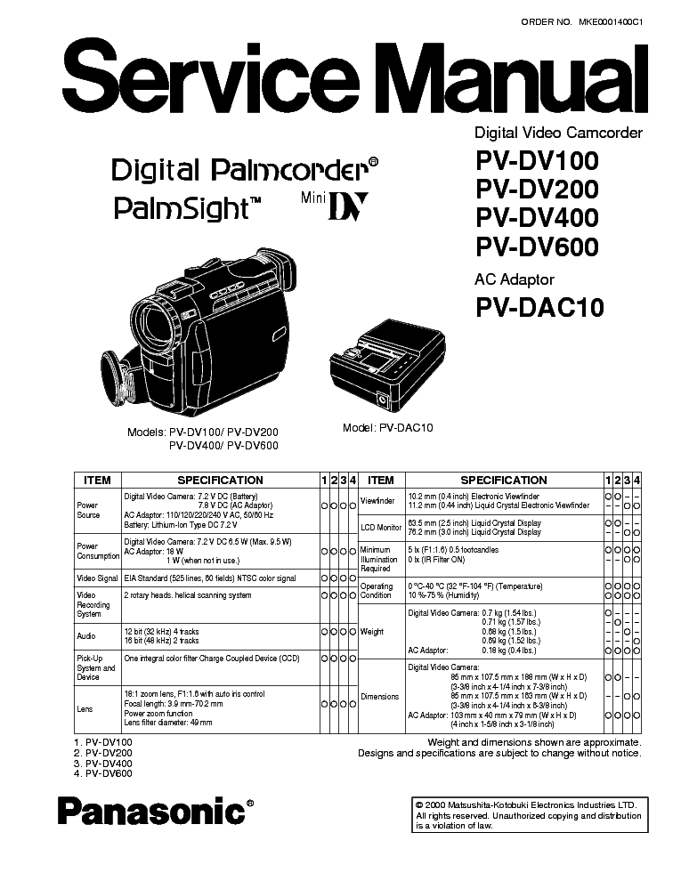 PANASONIC PV-DV100 200 400 600 CAMMINIDV service manual