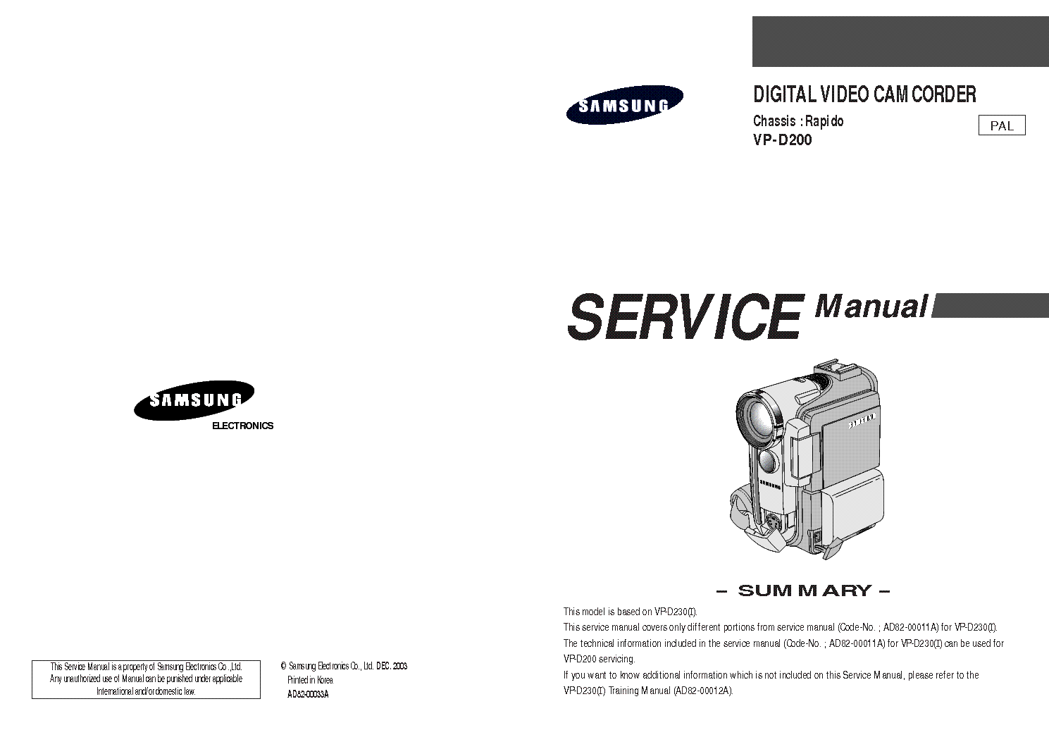 SAMSUNG VP-D200 CHASSIS RAPIDO service manual