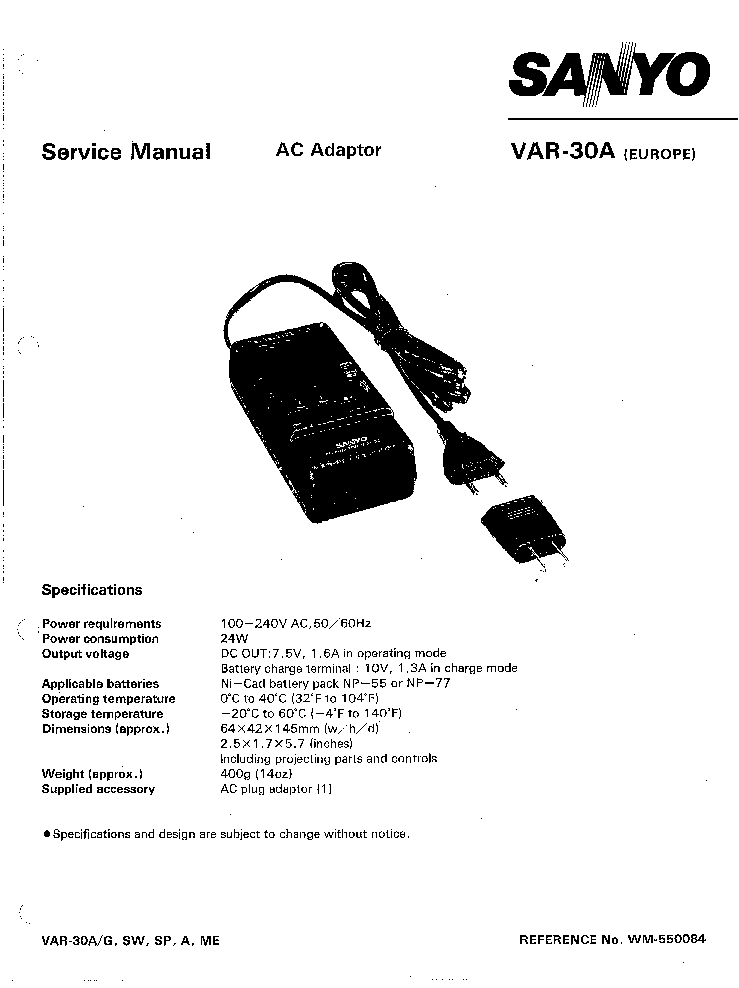 SANYO VAR-30A AC ADAPTOR SM service manual