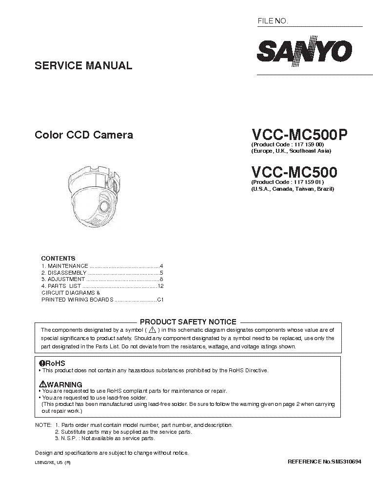 SANYO VCC-MC500P VCC-MC500 CAMERA service manual