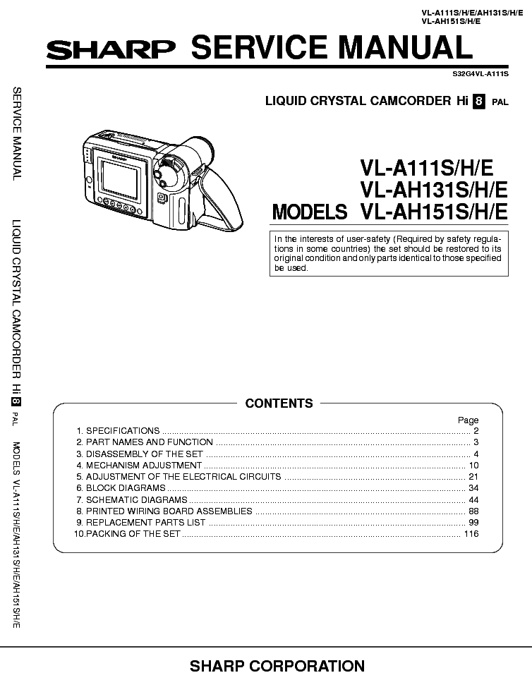SHARP VL-A111S-H-E AH131S-H-E AH151S-H-E SM service manual (1st page)
