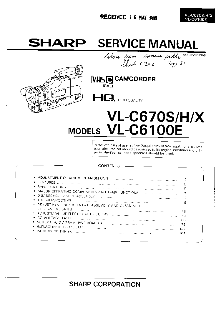 SHARP VL-C670 VL-C6100 SM service manual (1st page)