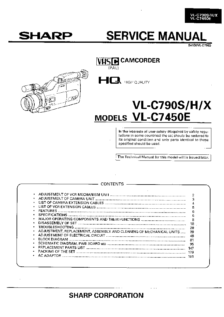 SHARP VL-C790S VL-C790H VL-C790X VL-C7450E SM service manual (1st page)