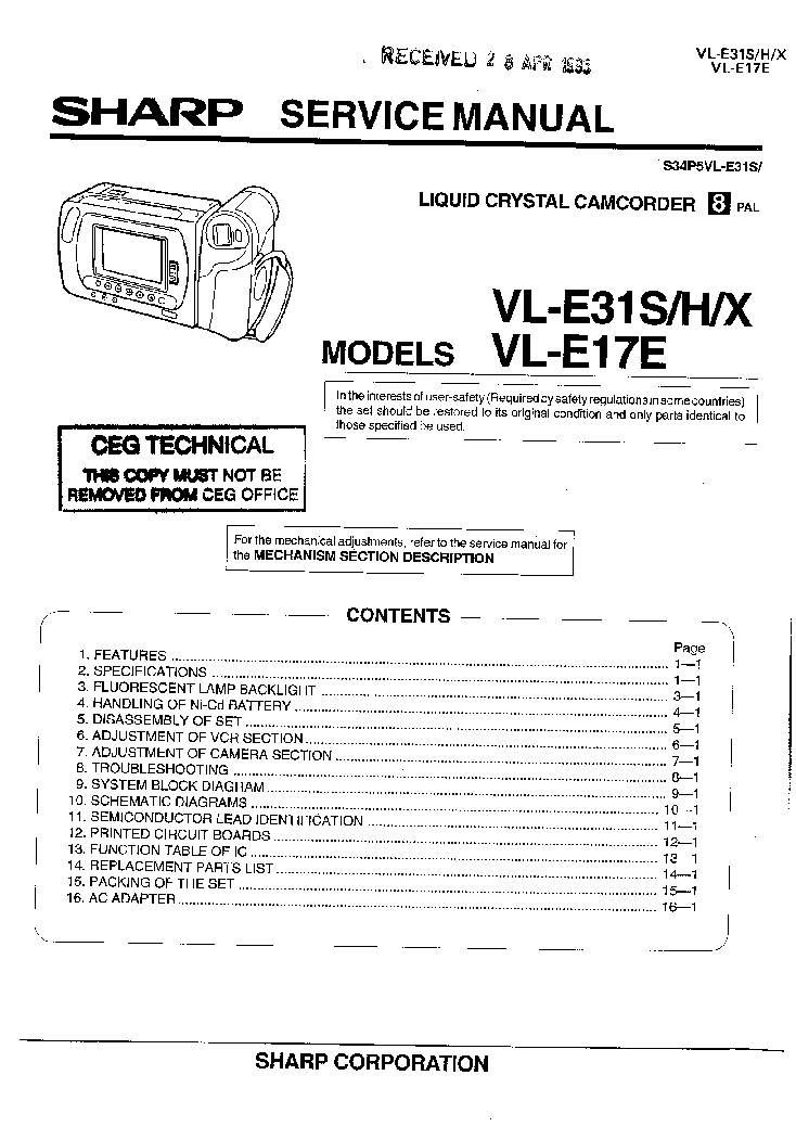 SHARP VL-E17 VL-E31 SM service manual (1st page)