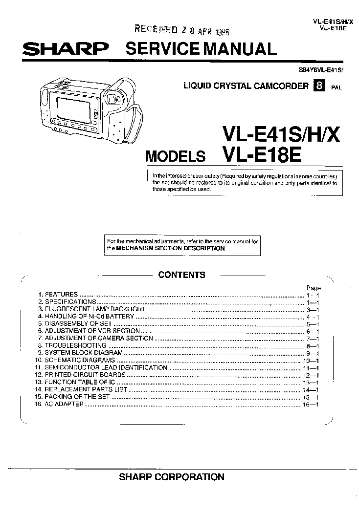 SHARP VL-E18 VL-E41 SM service manual (1st page)