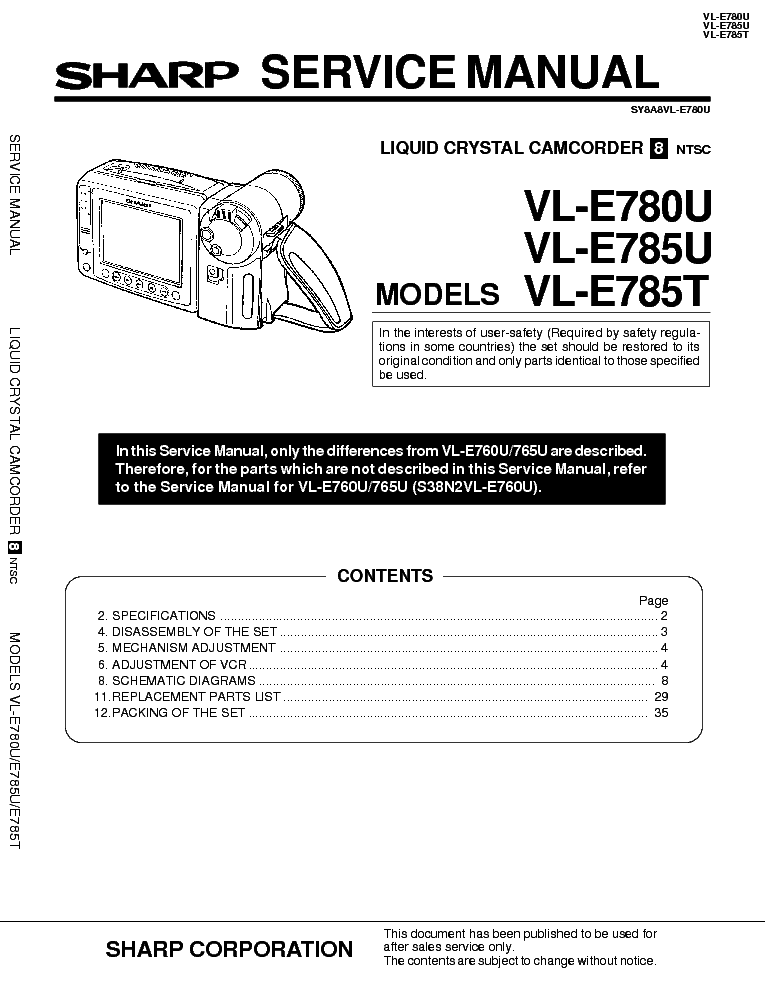 SHARP VL-E780 VL-E785 SCH service manual (1st page)