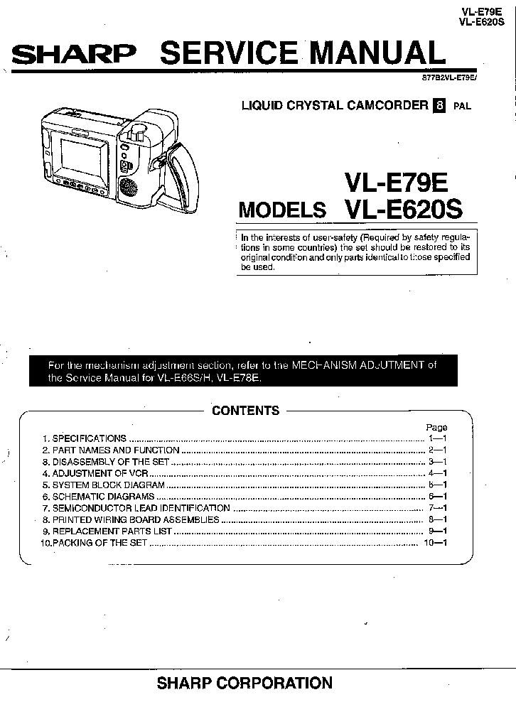 SHARP VL-E79E VL-E620S SM service manual (1st page)