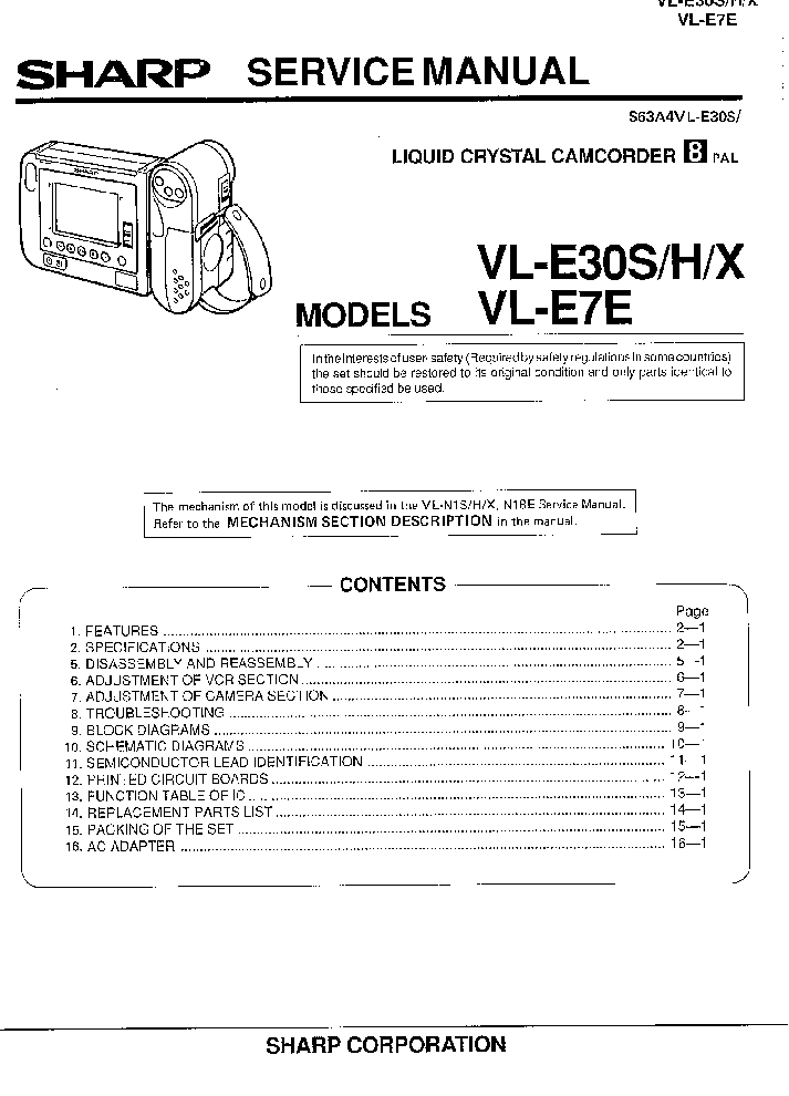 SHARP VL-E7 VL-E30 SM service manual (1st page)