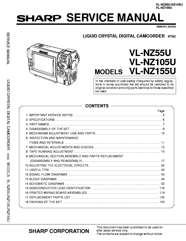 SHARP VL-NZ55 VL-NZ105 VL-NZ155 SM service manual (1st page)
