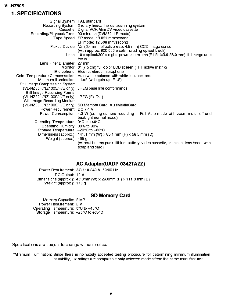 SHARP VL-NZ80 SM service manual (2nd page)