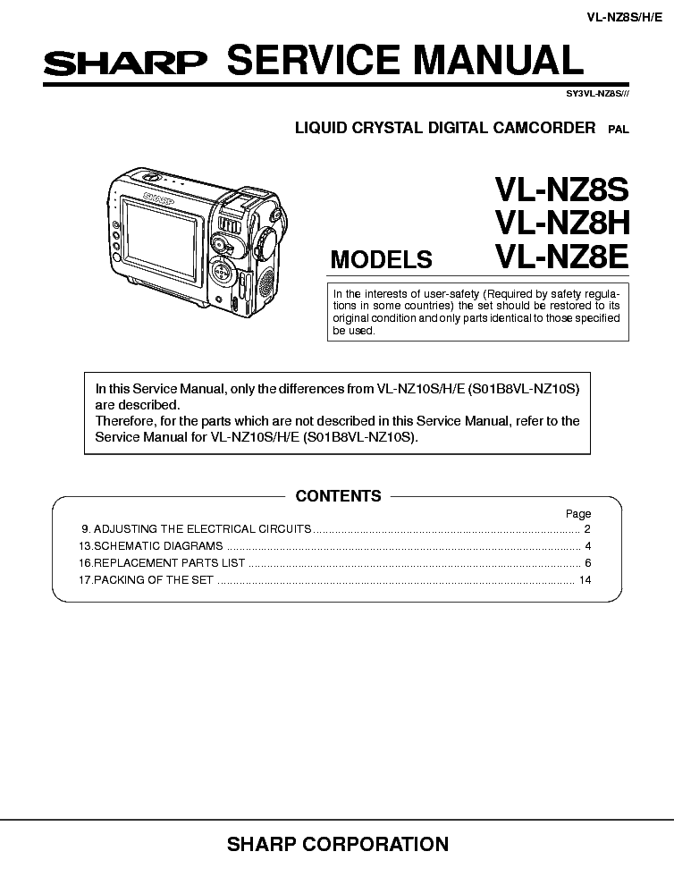 SHARP VL-NZ8S H E PARTS service manual (1st page)