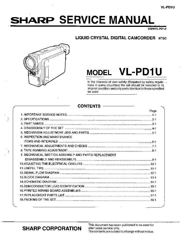 SHARP VL-PD1 SM service manual (1st page)